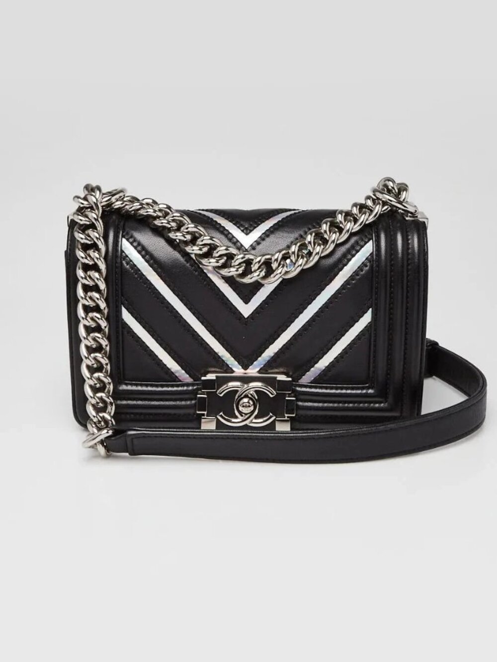 Chanel Black/Silver Lambskin Leather and Iridescent PVC Chevron Quilted Small...